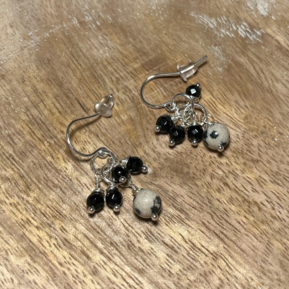 Dalmatian Jasper & Black Onyx 925 Sterling Silver Cluster Drop Dangle Earrings - Picture 2 of 8
